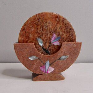 Vintage Soapstone Coasters Floral Mother of Pearl Inlay Set of 6 Marble Decor